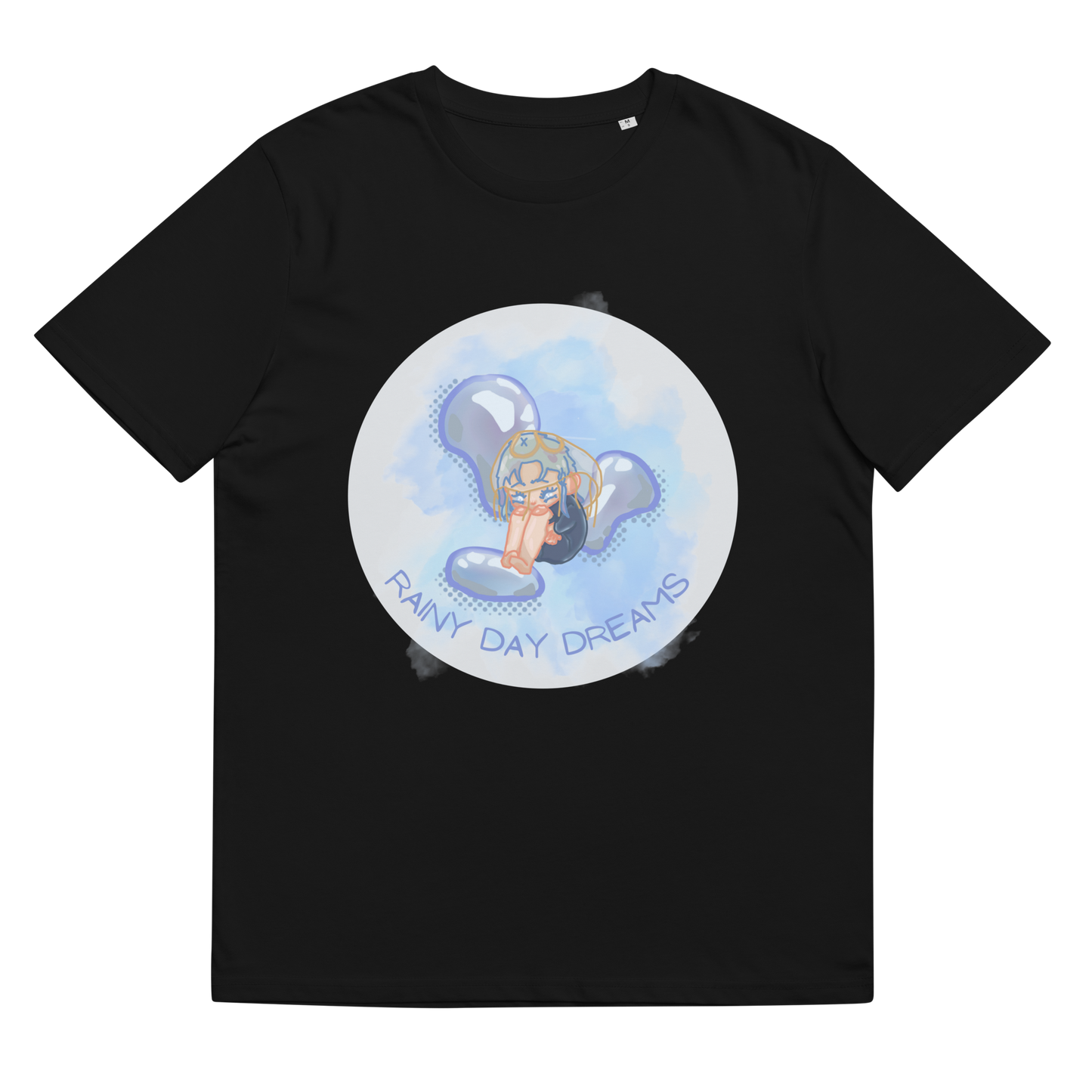 The 'Rainy Day Dreams' design on a Black tee, presented in a lay-flat image, captures the delicate interplay between the sadness and the hopeful dreams that rainy days often inspire.