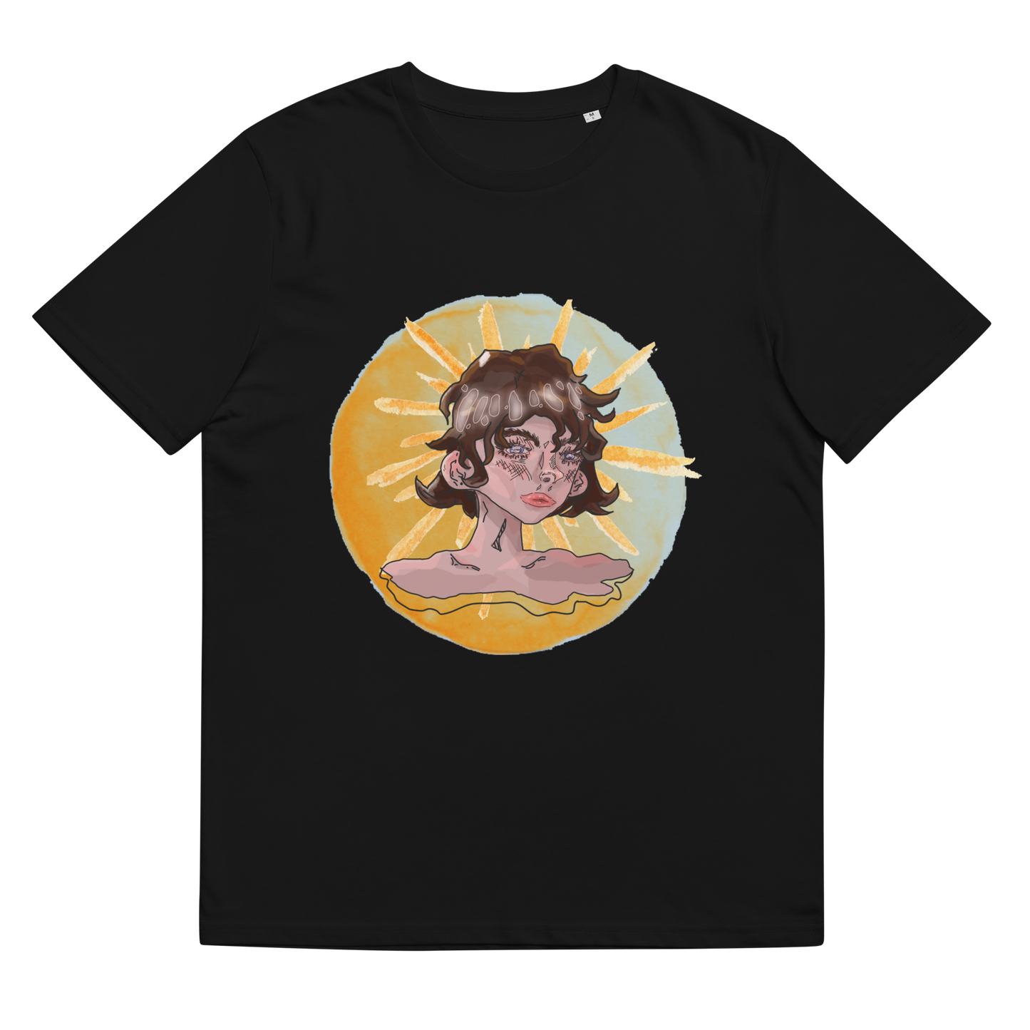 Close-up of the 'Sunshine Girl' T-Shirt in black, laid flat to display the striking contrast between the detailed pensive girl portrait and the dynamic, glitchy sun background.