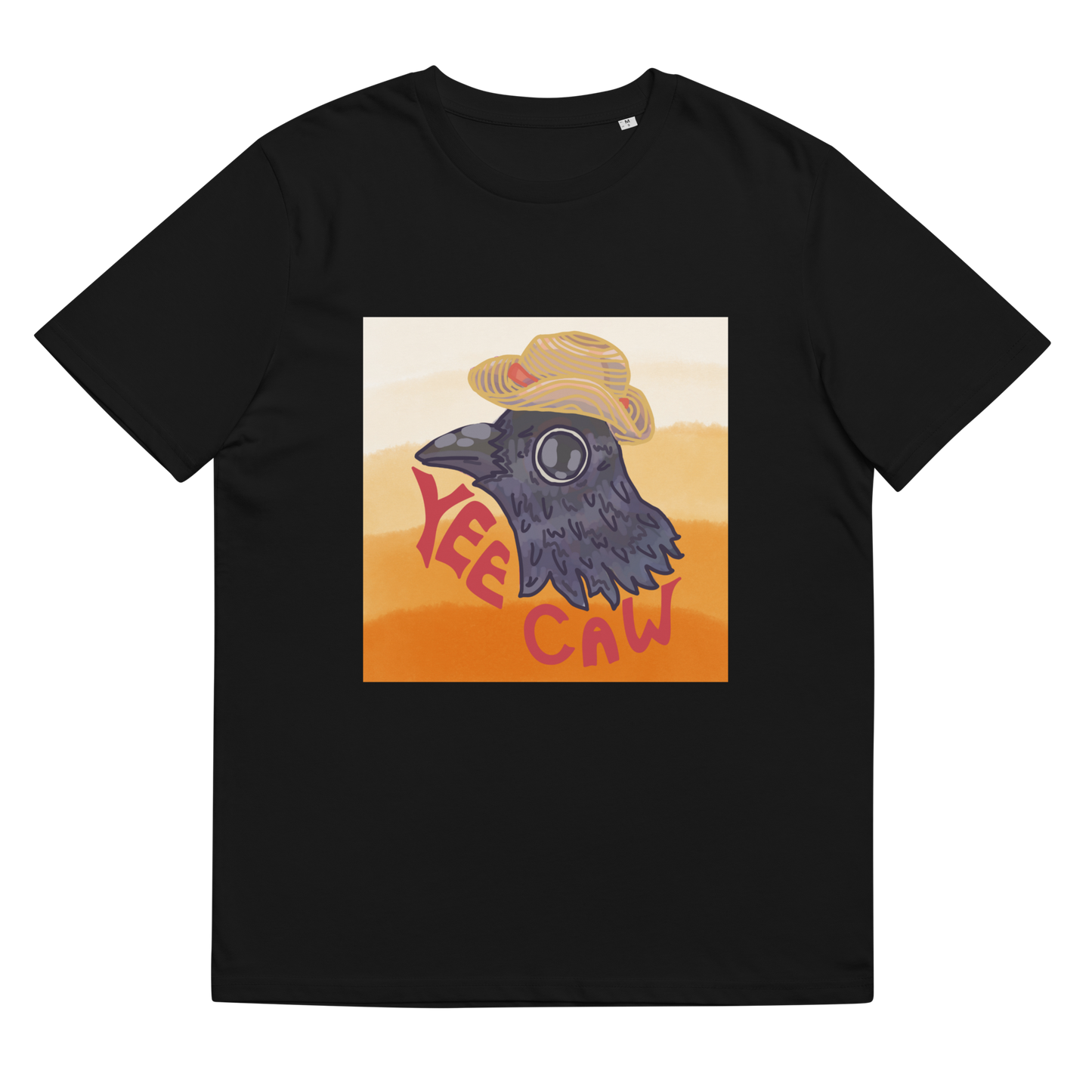Lay-flat image of the 'Yee Caw' T-Shirt in Black, featuring the cheerful crow and straw hat design, blending warm watercolor tones with a playful vibe.