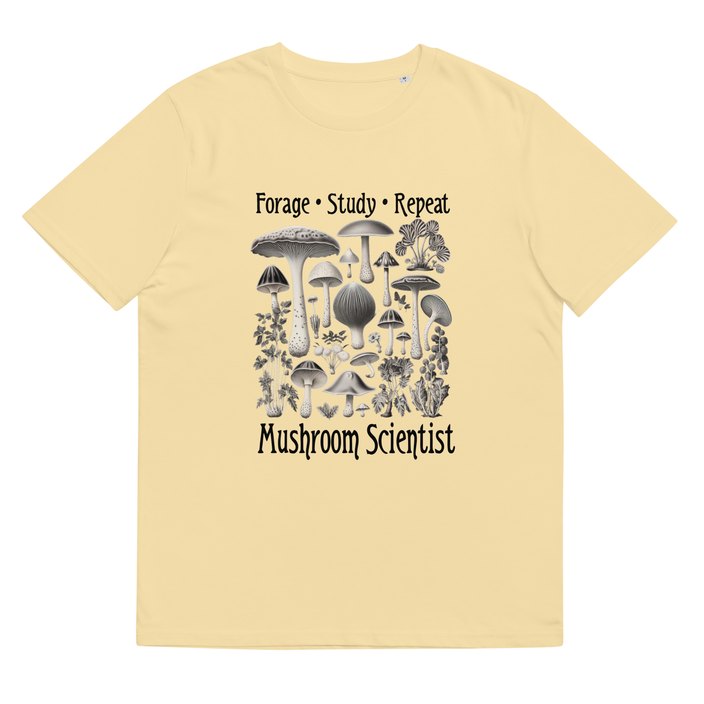 'Forage, Study, Repeat' Tee Shirt in butter, laid flat to reveal the artistry of the mushroom illustrations, representing a harmonious blend of fashion, science, and environmental responsibility.