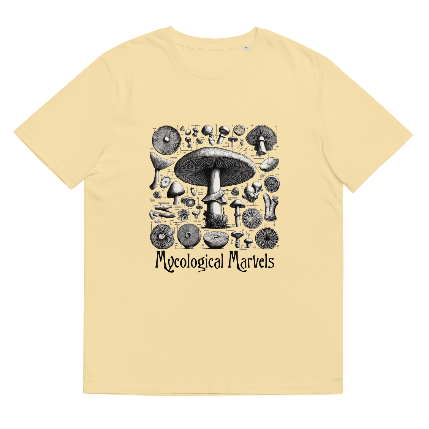 Lay-flat view of the 'Mycological Marvels' Tee Shirt in butter, emphasizing the meticulous mushroom illustration, a wearable piece of art for those who admire the beauty of nature's design.