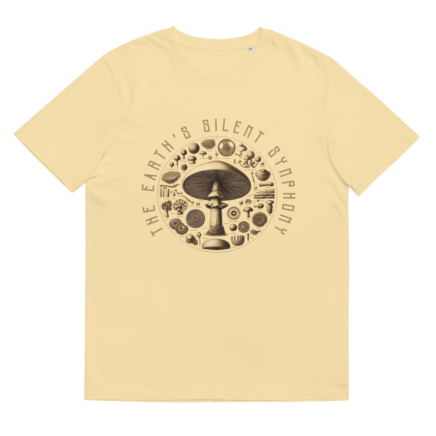 Lay-flat view of 'The Earth's Silent Symphony' Tee Shirt in butter, emphasizing the meticulous mushroom illustration in a circular motif, a wearable piece of art for those who admire nature's silent beauty.