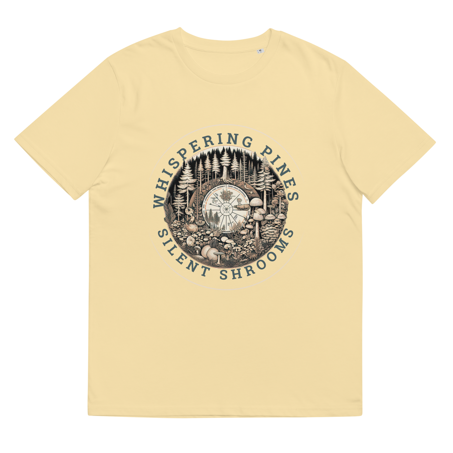 'Whispering Pines, Silent Shrooms' Tee Shirt in butter, laid flat to reveal the artistry of the mushroom and pine tree ecosystem, representing a fusion of fashion, biology, and environmental stewardship.
