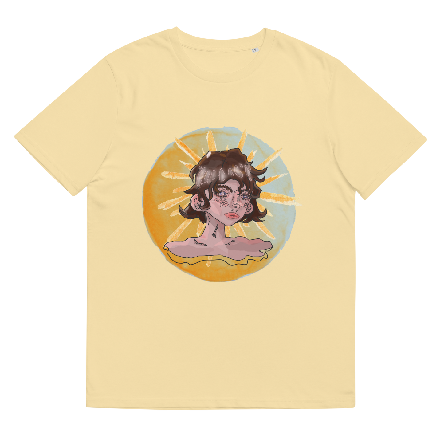 Lay-flat image of the 'Sunshine Girl' T-Shirt in Butter, showcasing the intricate watercolor design of a reflective girl and a stylized sun, a homage to the blend of Art Deco and modern art.