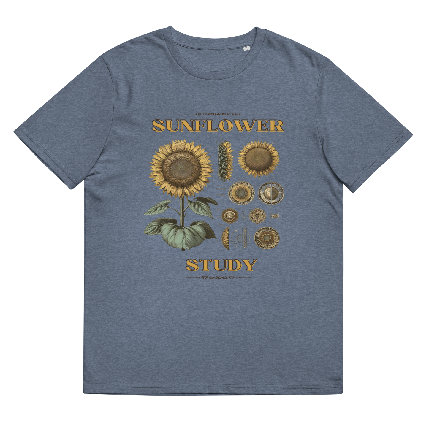 Lay-flat view of the 'Sunflower Study' Tee Shirt in dark heather blue, emphasizing the meticulous sunflower illustration, a wearable piece of art for those who admire the wonders of the natural world.
