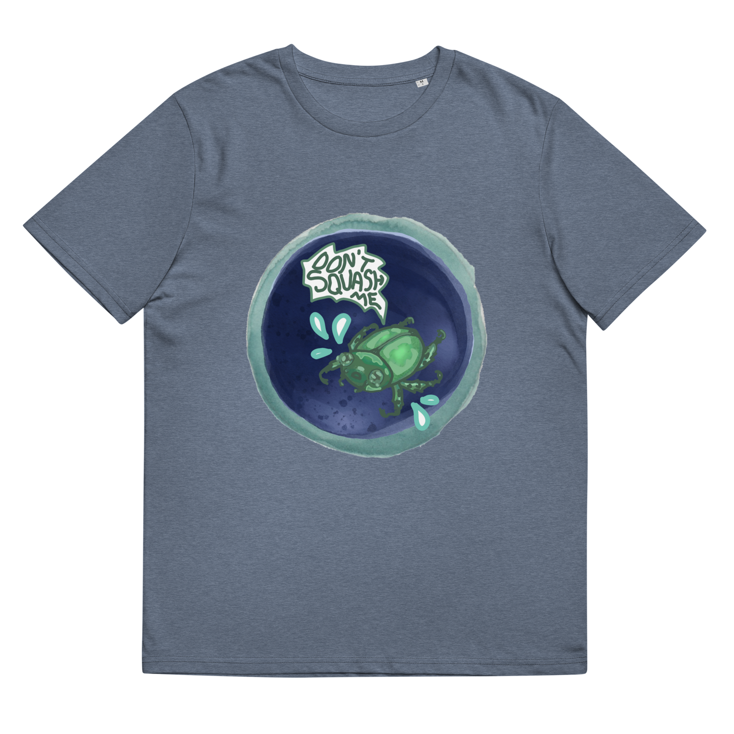 Close-up of the 'Don't Squash Me' design on a Dark Heather Blue tee, focusing on the vibrant scared beetle motif, symbolizing a blend of artistic flair and environmental advocacy.