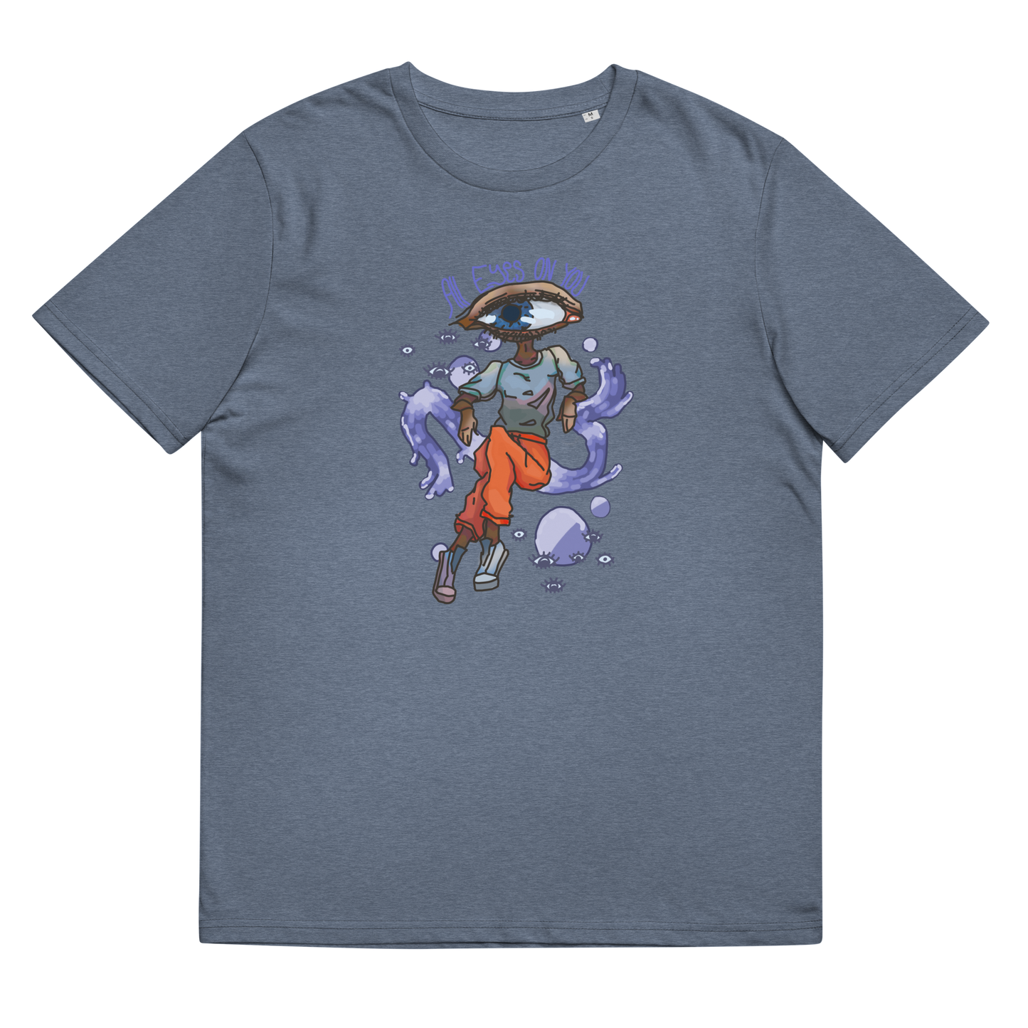 The 'All Eyes On You' design on a Dark Heather Blue tee, laid flat to emphasize the eye motif on a textured background, blending artistic expression with contemporary style.
