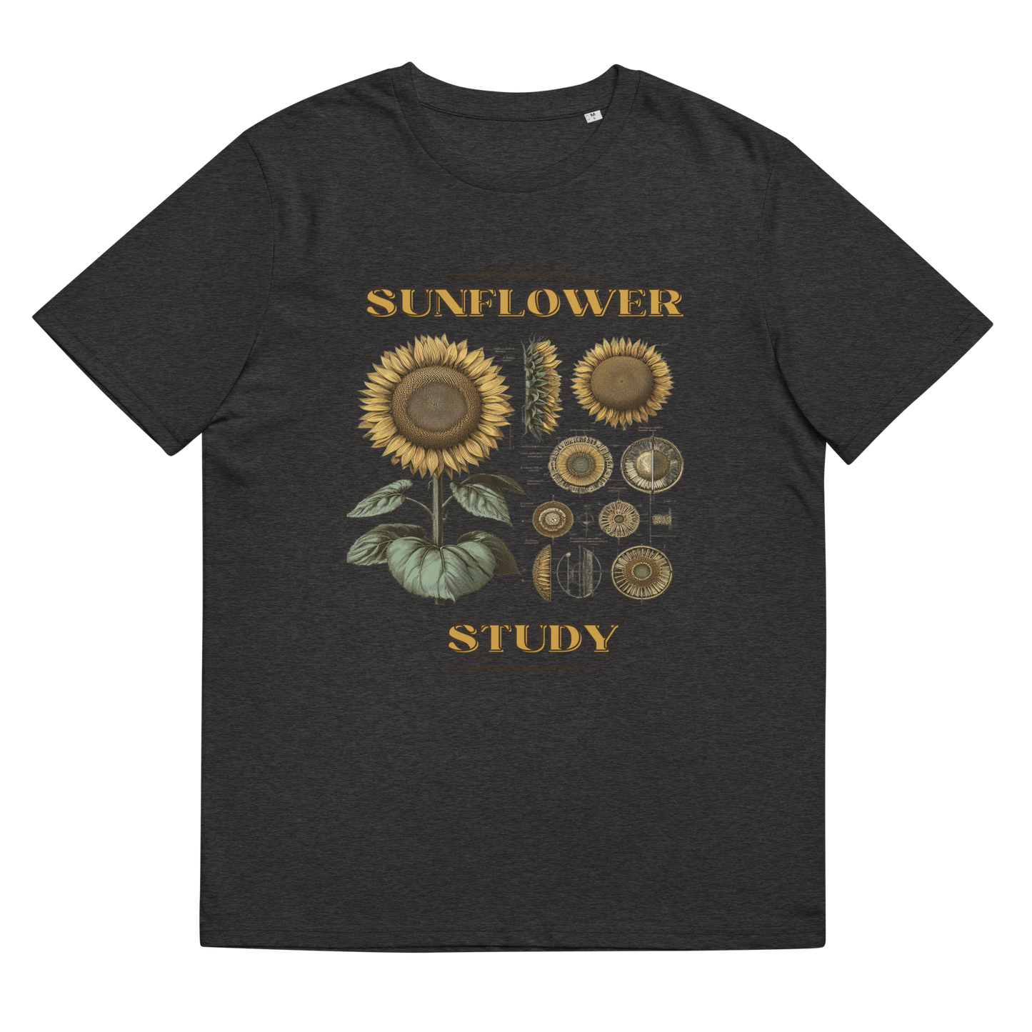 Close-up of the 'Sunflower Study' Tee Shirt in dark heather grey, laid flat to feature the sunflower's vibrant details, showcasing an appreciation for botany and artistry.