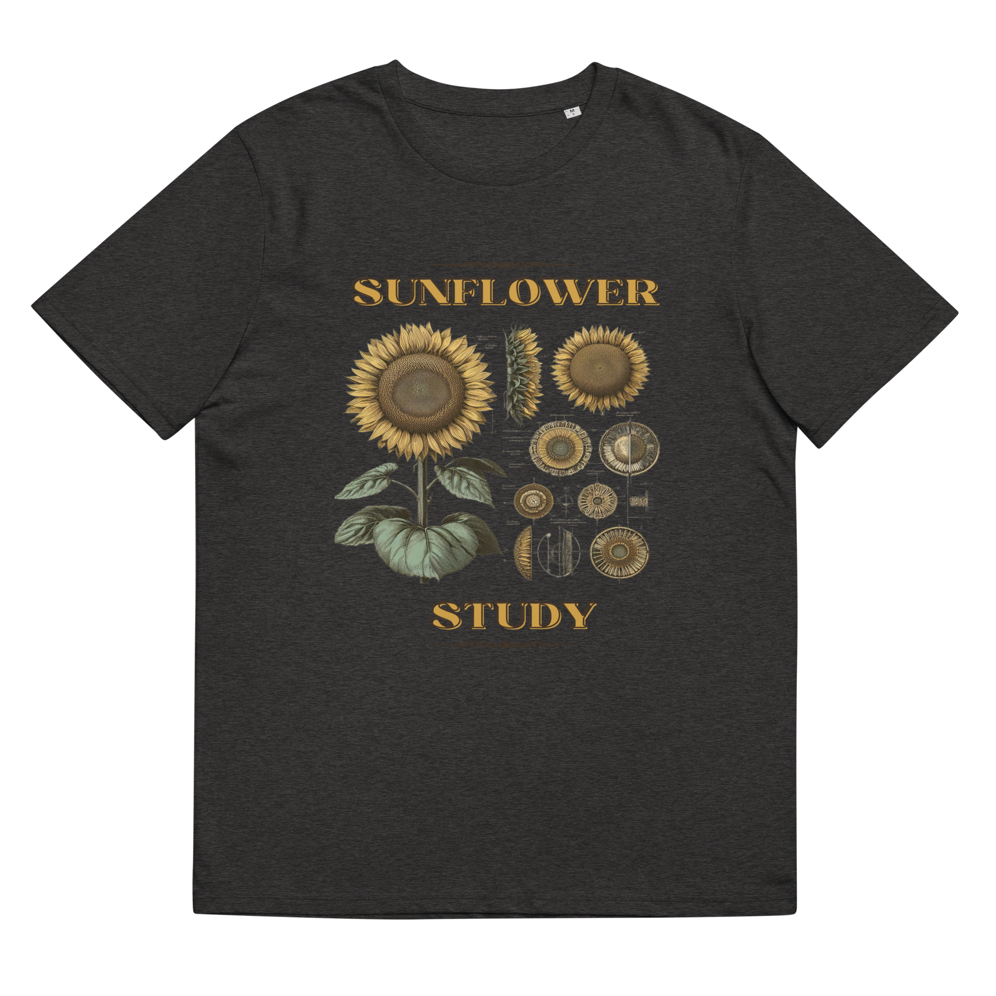Close-up of the 'Sunflower Study' Tee Shirt in dark heather grey, laid flat to feature the sunflower's vibrant details, showcasing an appreciation for botany and artistry.