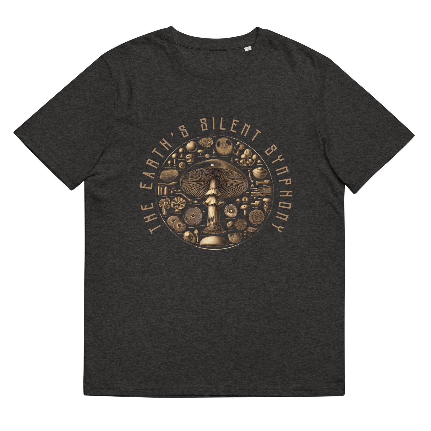 Close-up of 'The Earth's Silent Symphony' Tee Shirt in dark heather grey, laid flat to exhibit the mushrooms' detailed artistry, showcasing an appreciation for botanical science and eco-conscious fashion.