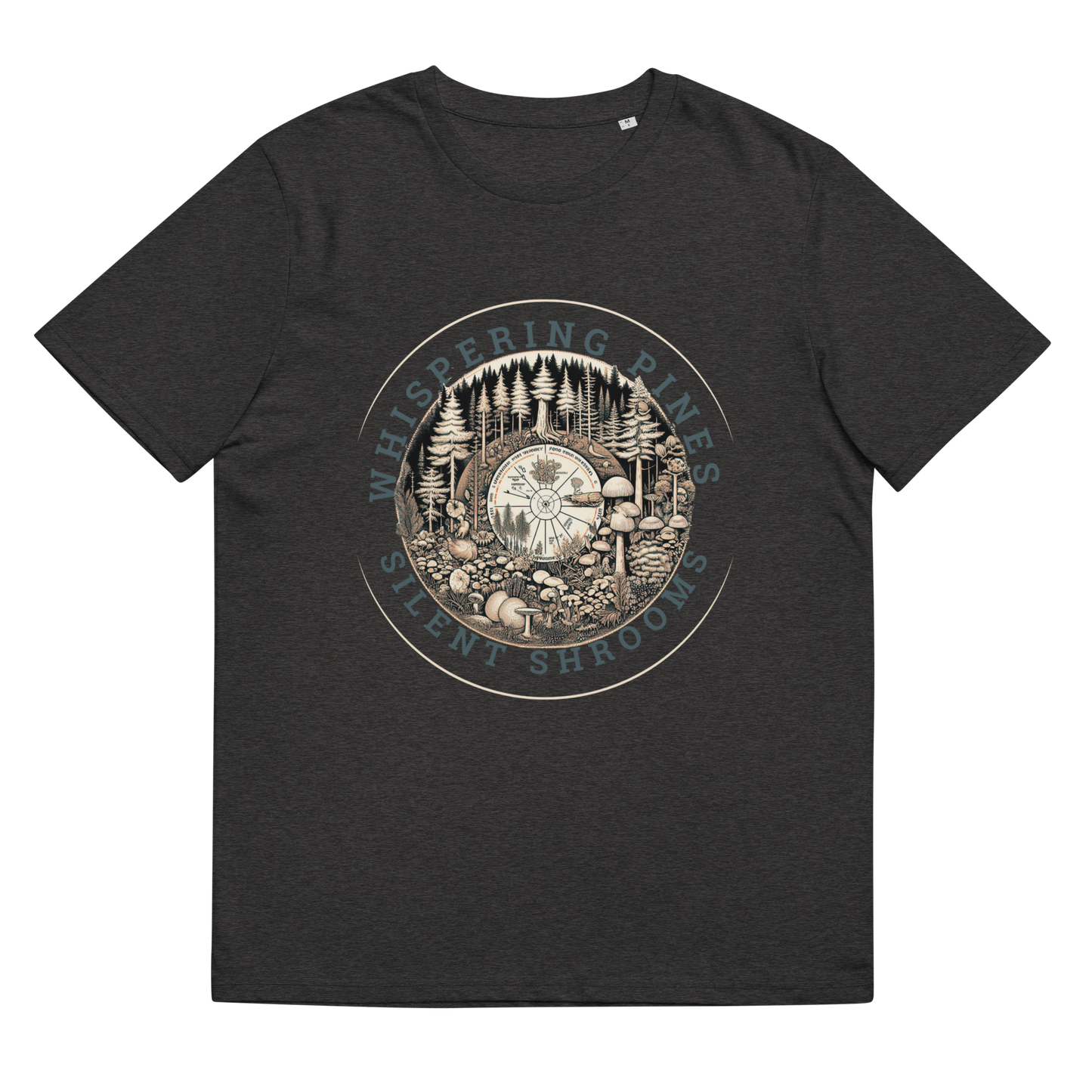 Lay-flat image of 'Whispering Pines, Silent Shrooms' Tee Shirt in dark heather grey, highlighting the detailed illustration of a forest ecosystem, a statement piece for those who value nature’s tranquility and sustainable fashion.