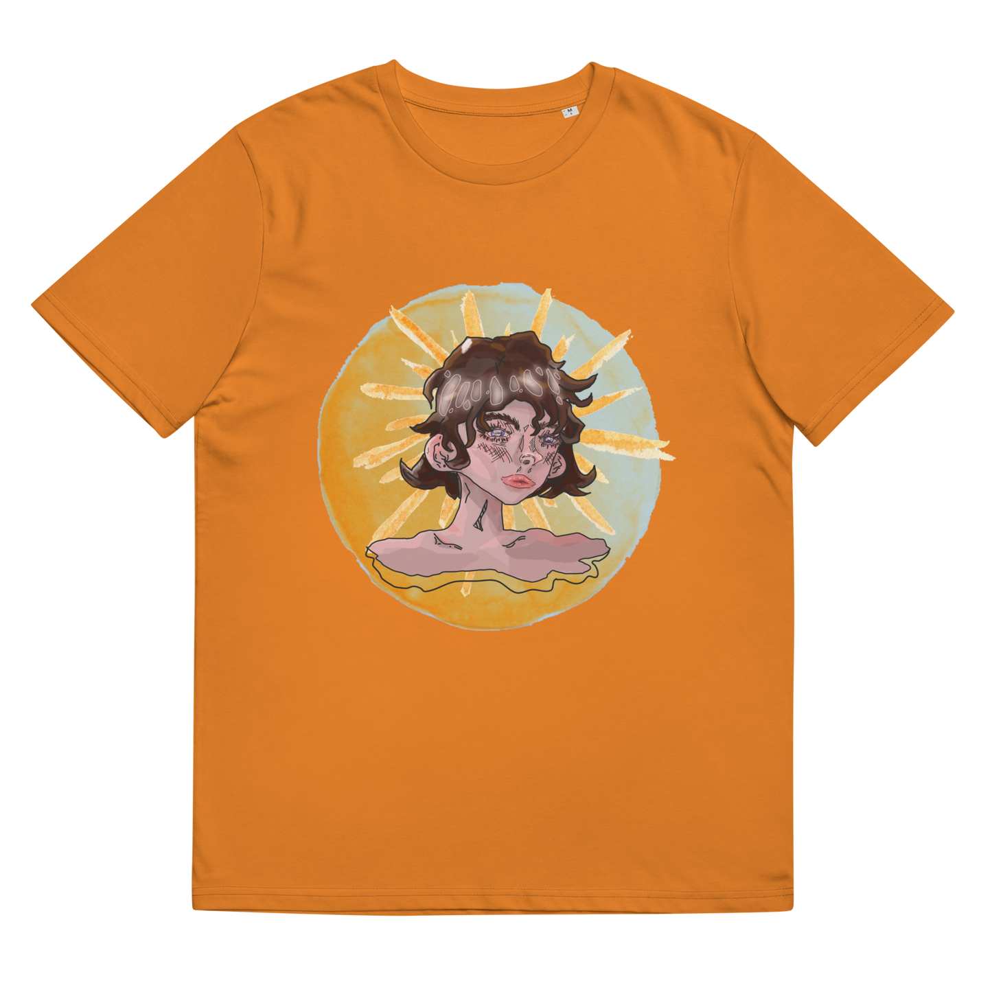 Close-up of the 'Sunshine Girl' design on a day fall orange tee, focusing on the expressive, glitchy art style that breathes life into the traditional watercolor portrait, reflecting the depth of personal thought.
