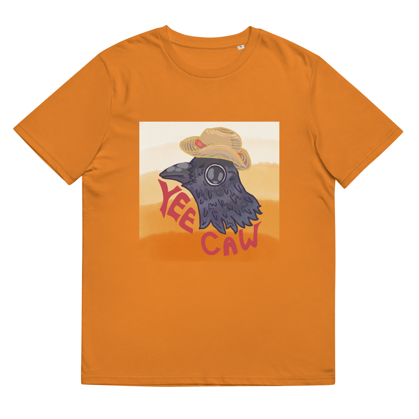 Lay-flat view of the 'Yee Caw' T-Shirt in Day Fall orange, emphasizing the crow with a straw hat illustration, a perfect merger of humor and watercolor artistry.