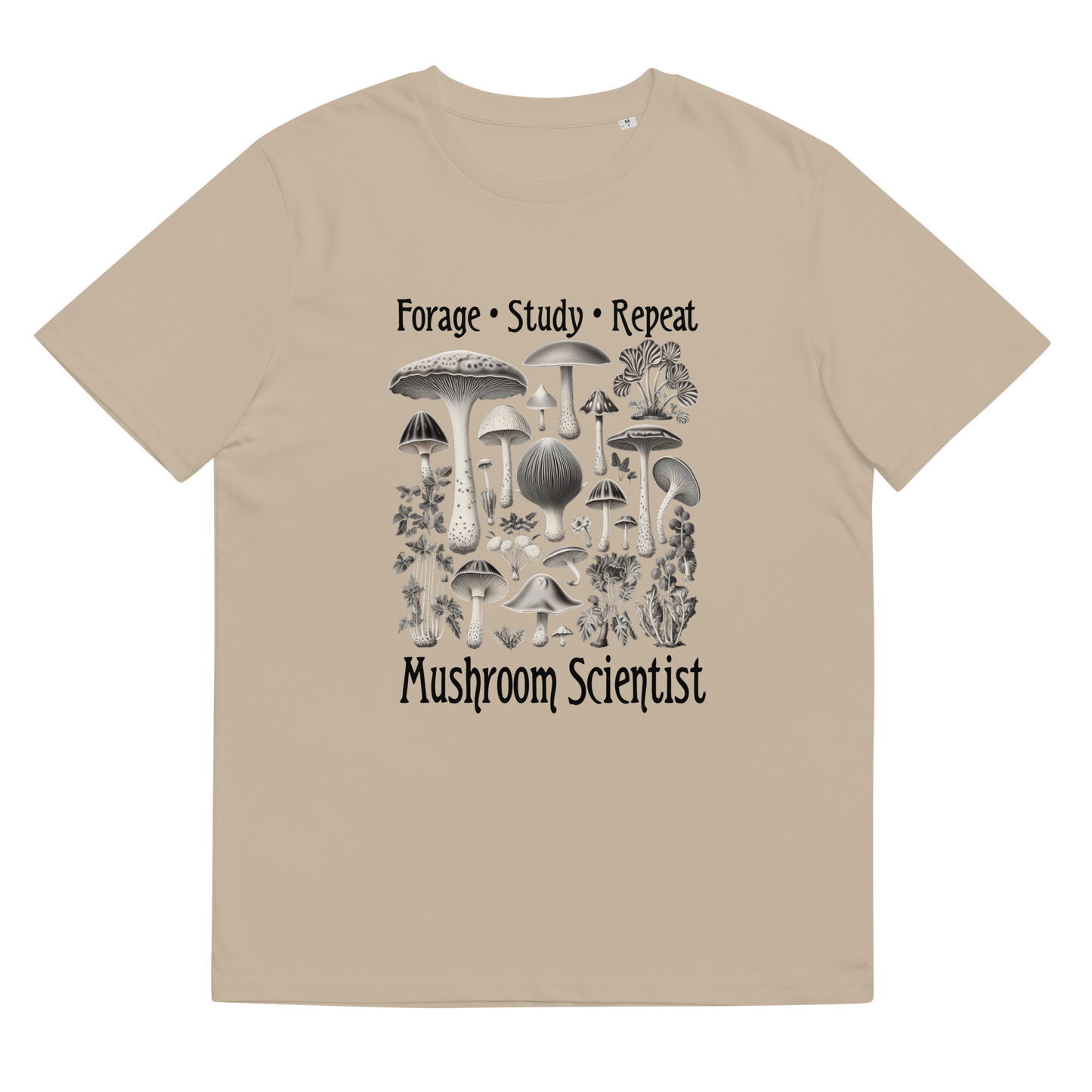 'Forage, Study, Repeat' design on a desert dust tee, presented in a lay-flat image, captures the essence of mushroom science with hyper-detailed renderings, perfect for admirers of mycological art and organic apparel.