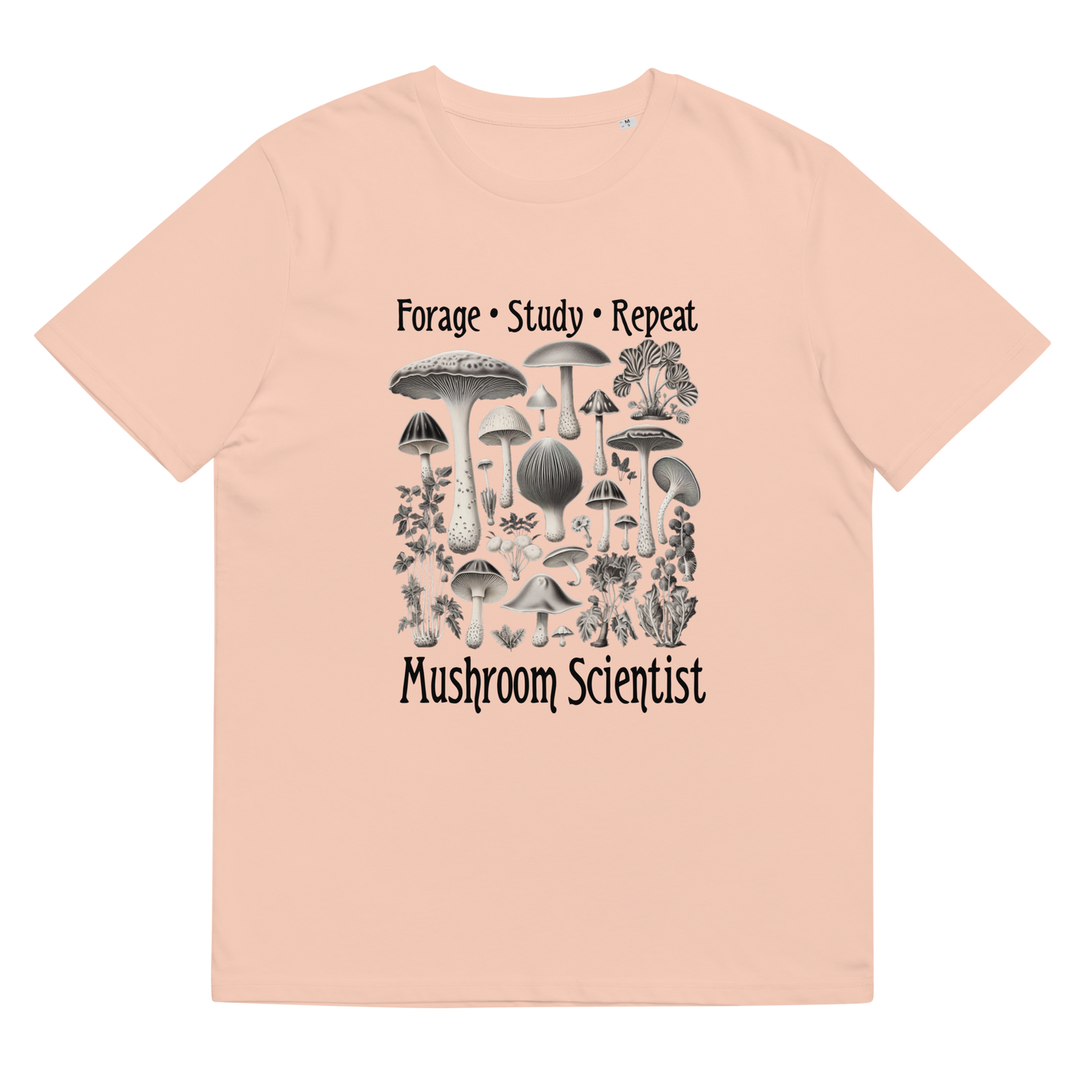 Lay-flat view of 'Forage, Study, Repeat' Tee Shirt in fraiche peche, emphasizing the meticulous mushroom illustrations in a monochromatic style, a wearable piece of art for those who admire nature’s subdued elegance.