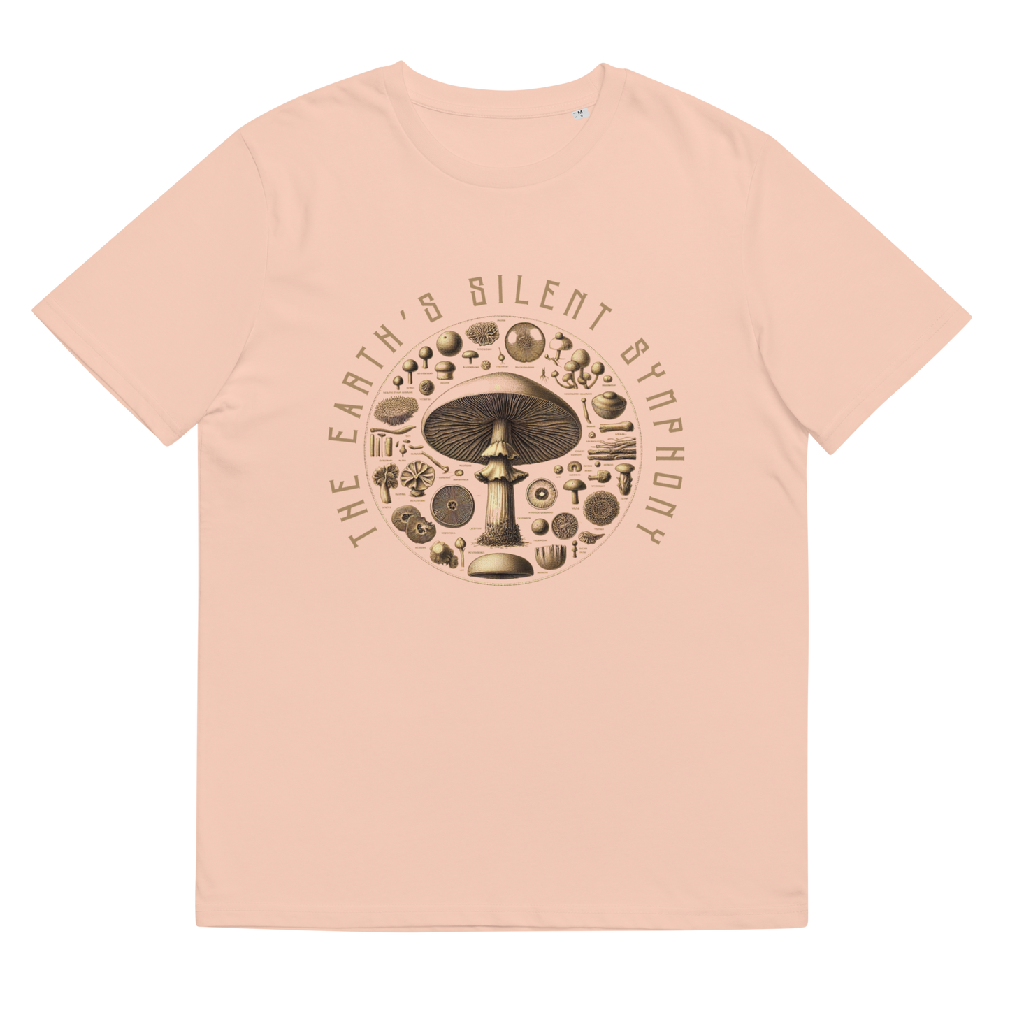 'The Earth's Silent Symphony' design on a fraiche peche tee, presented in a lay-flat image, captures the essence of the mushrooms with botanical accuracy, perfect for admirers of natural science and organic fashion.