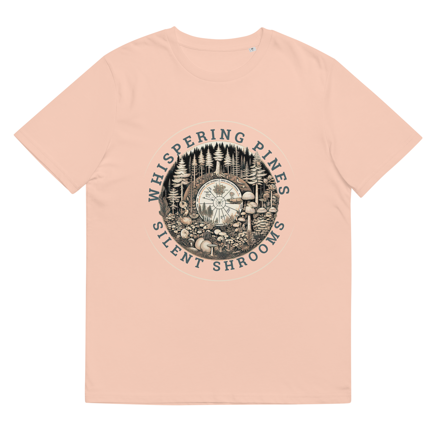 Lay-flat view of 'Whispering Pines, Silent Shrooms' Tee Shirt in fraiche peche, emphasizing the meticulous illustration of the tranquil forest scene, a wearable piece of art for those who admire nature’s quiet beauty.