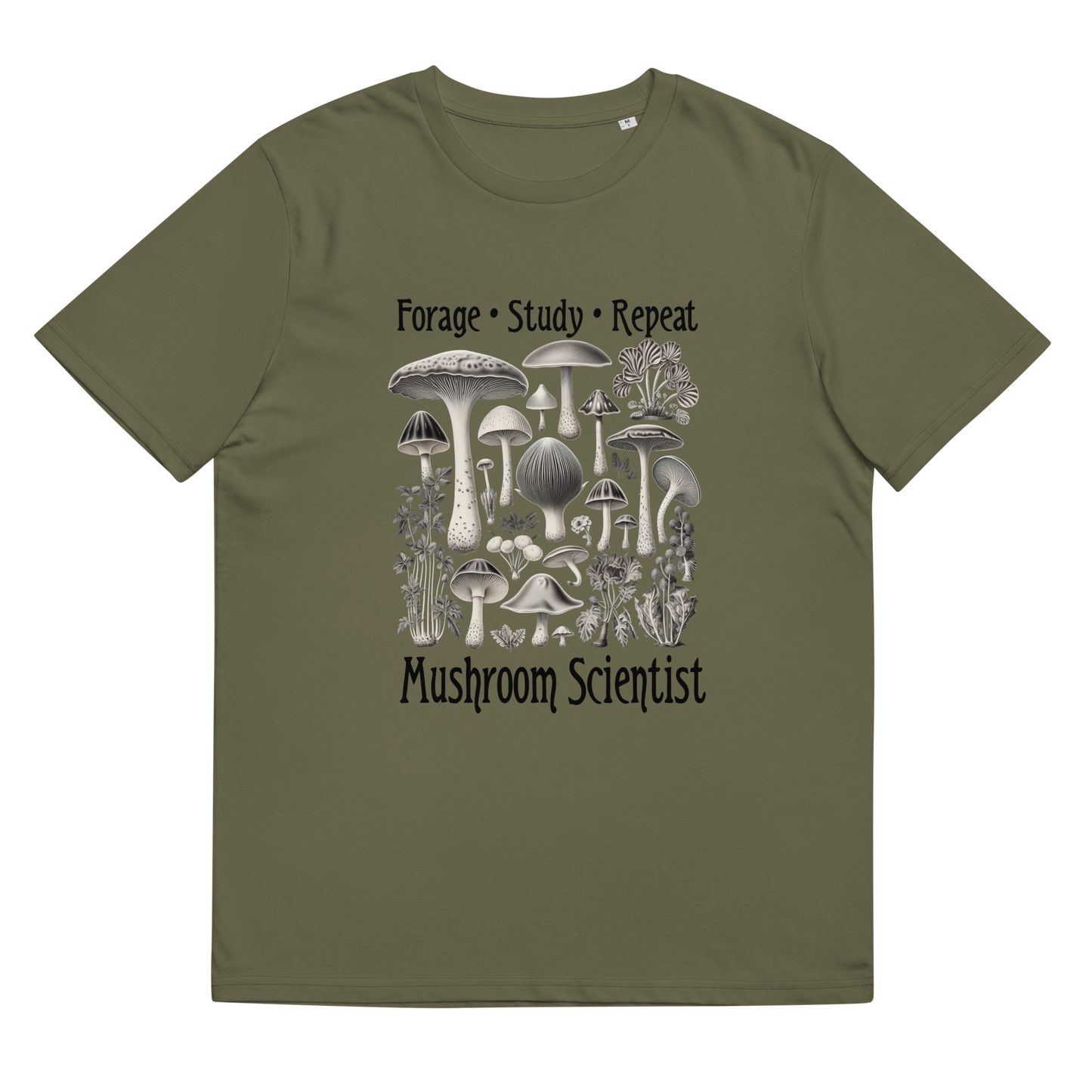 Close-up of 'Forage, Study, Repeat' Tee Shirt in khaki, laid flat to exhibit the intricate mushroom illustrations, showcasing an appreciation for vintage botanical art and eco-conscious fashion.