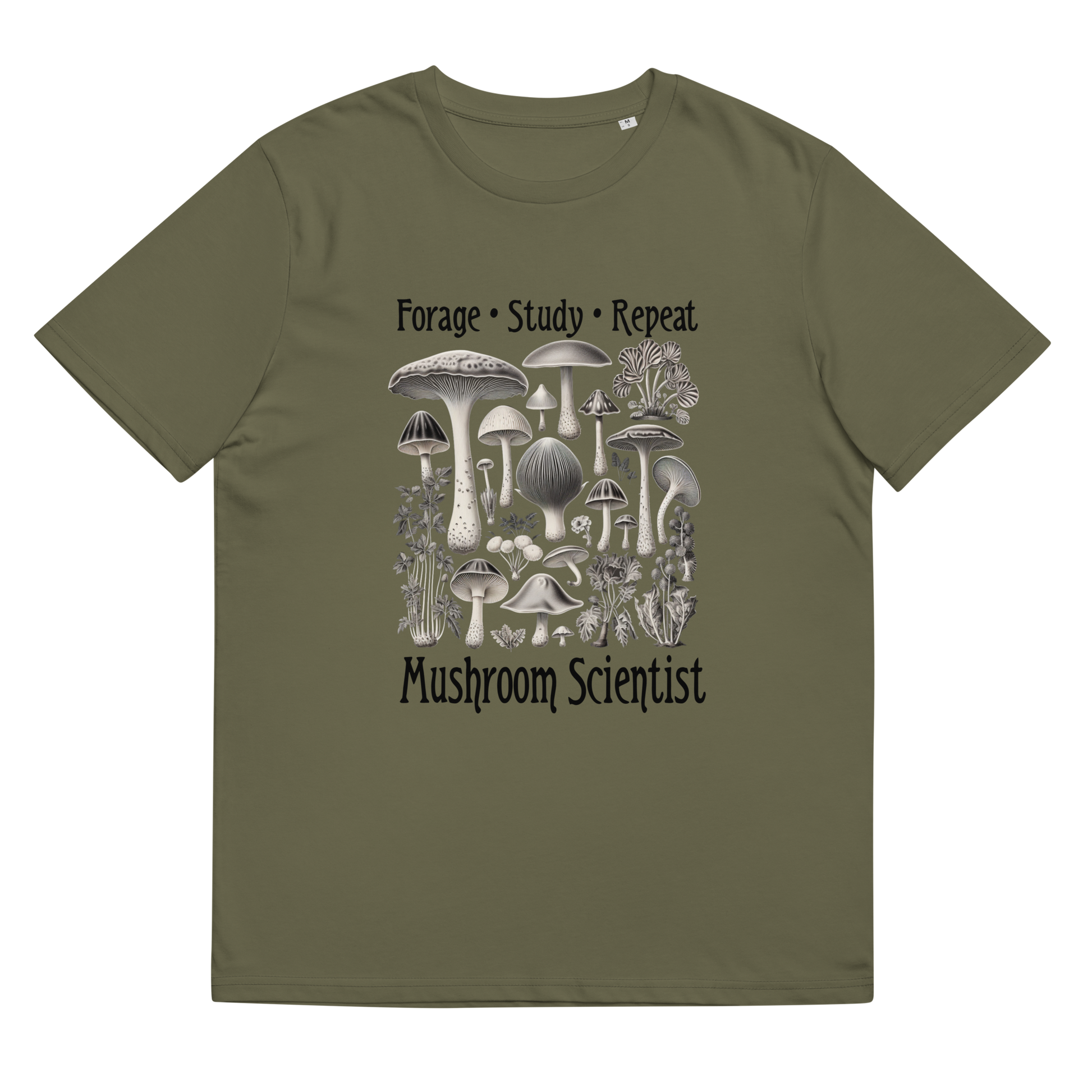 Close-up of 'Forage, Study, Repeat' Tee Shirt in khaki, laid flat to exhibit the intricate mushroom illustrations, showcasing an appreciation for vintage botanical art and eco-conscious fashion.