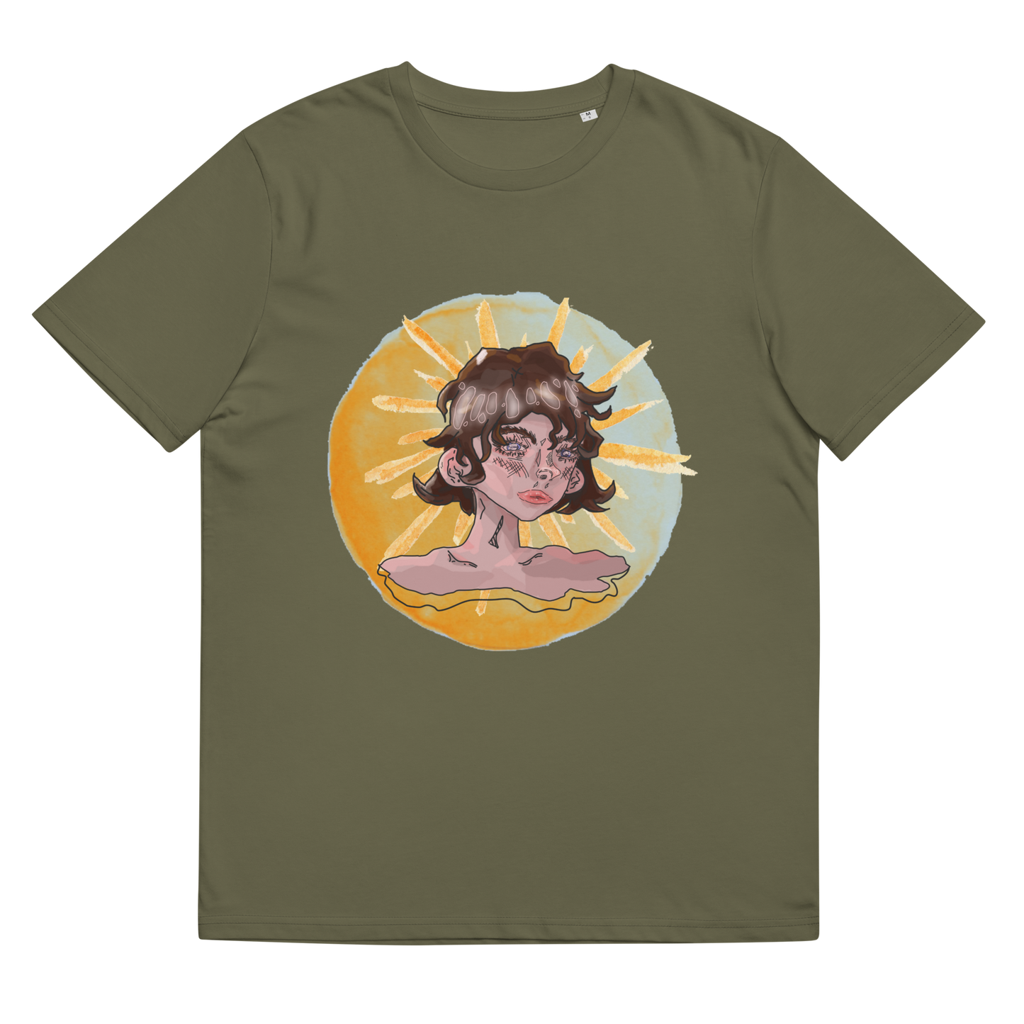 Lay-flat view of the 'Sunshine Girl' T-Shirt in khaki, emphasizing the artful depiction of a contemplative girl with a sun motif, celebrating the marriage of classical art and contemporary creativity.