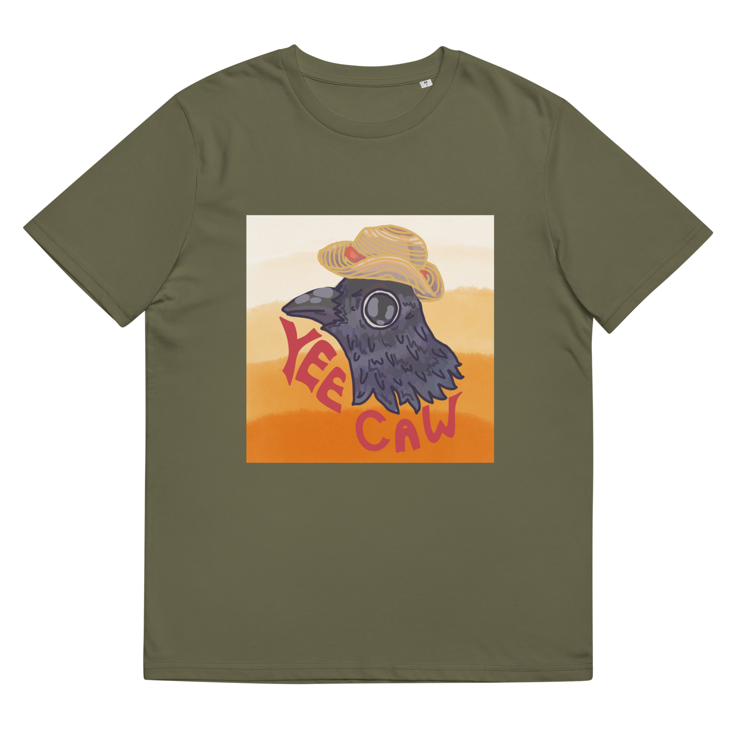 The 'Yee Caw' design on a Khaki tee, presented in a lay-flat image, highlights the detailed watercolor crow set against a sunny backdrop, exuding cheer and mischief.