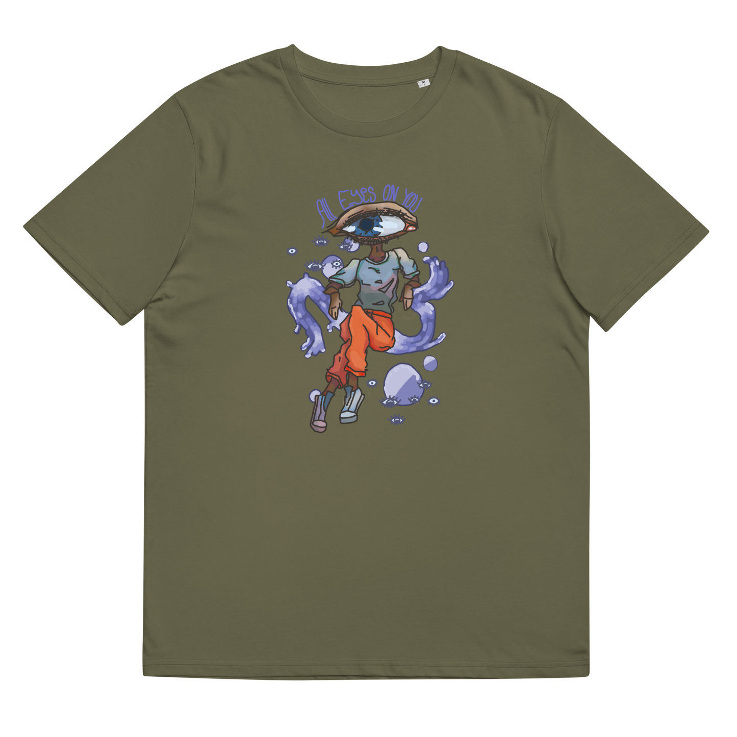 Close-up of the 'All Eyes On You' organic cotton T-Shirt in Khaki, laid flat to showcase the detailed watercolor eye design, highlighting the shirt's quality and unique artistic appeal.