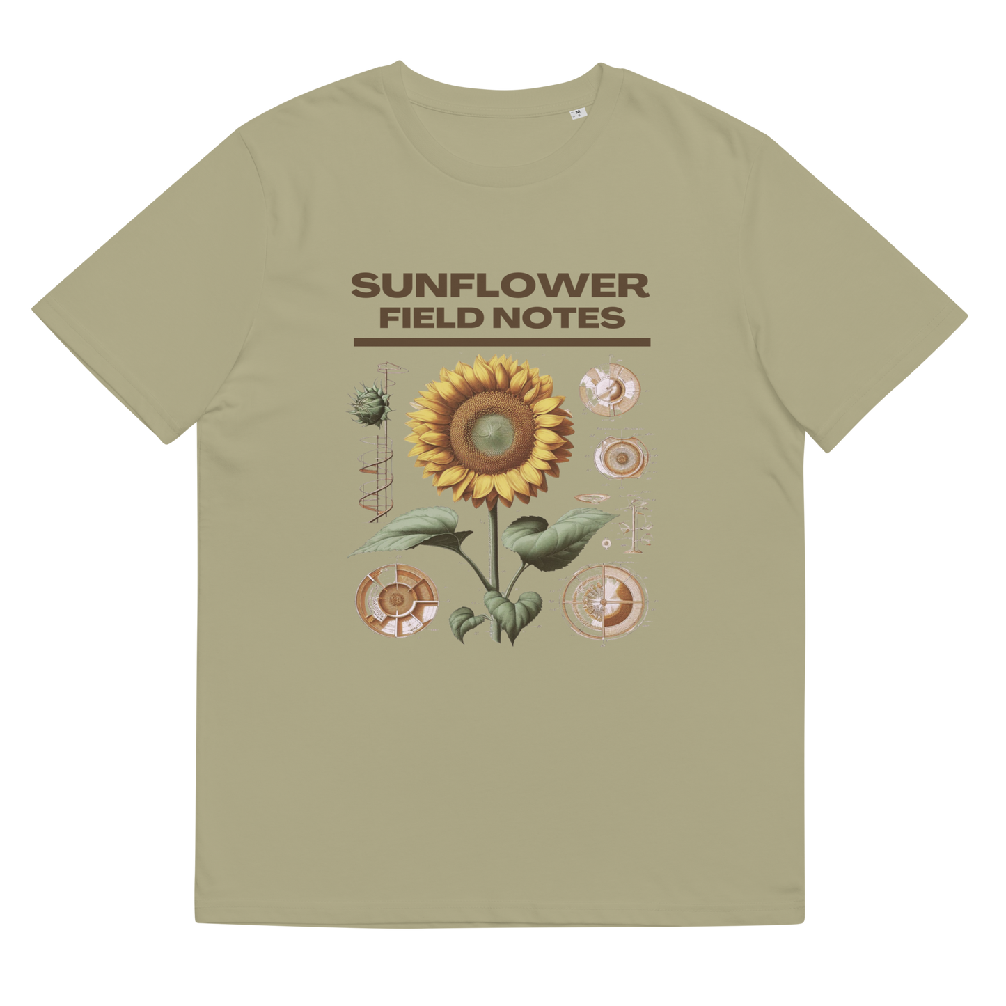 Lay-flat image of the 'Sunflower Field Notes' Tee Shirt in sage, highlighting the scientific sunflower illustration, a statement piece for those who value precision and sustainable style.