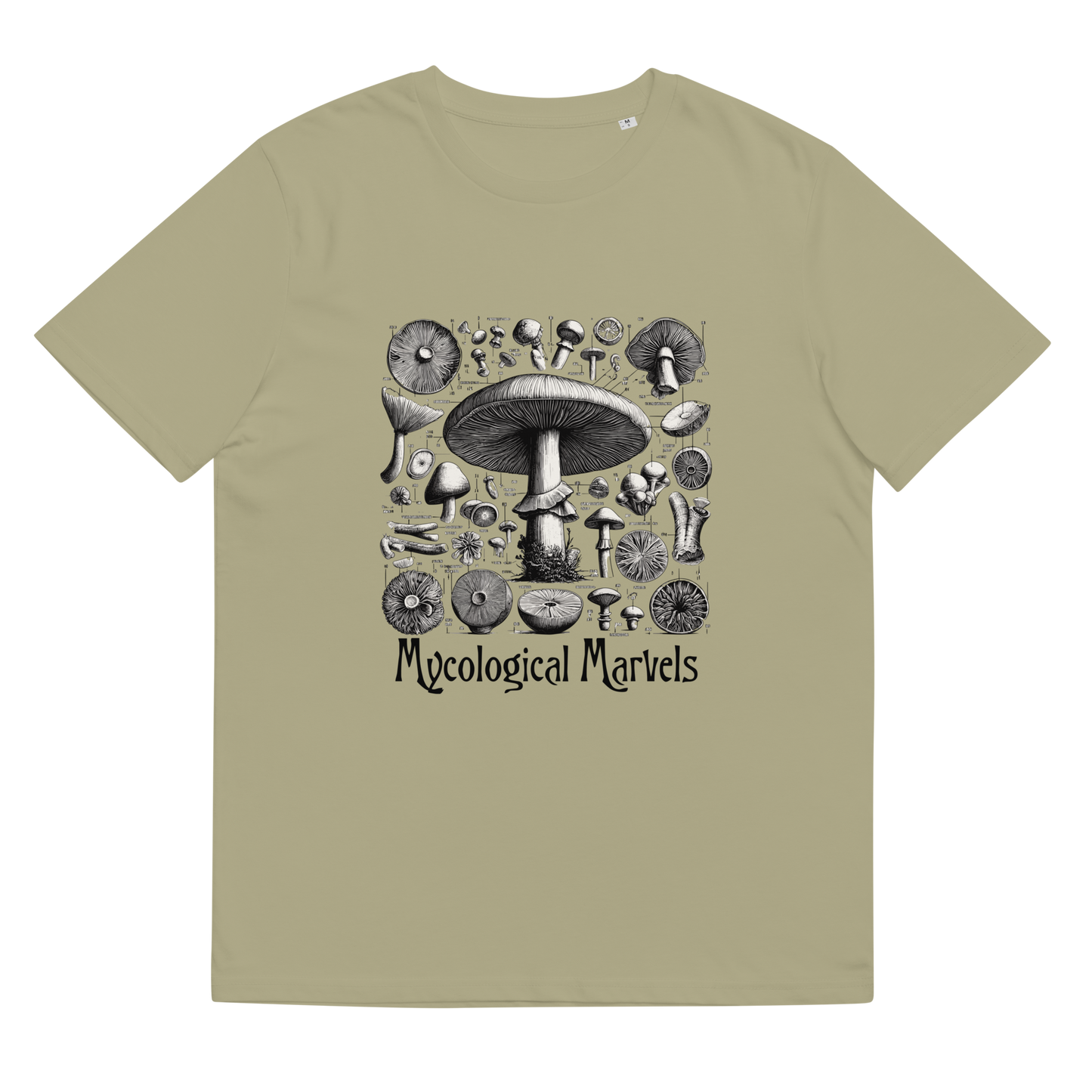 The 'Mycological Marvels' design on a sage tee, presented in a lay-flat image, captures the essence of the mushrooms with botanical accuracy, perfect for admirers of natural science and organic fashion.