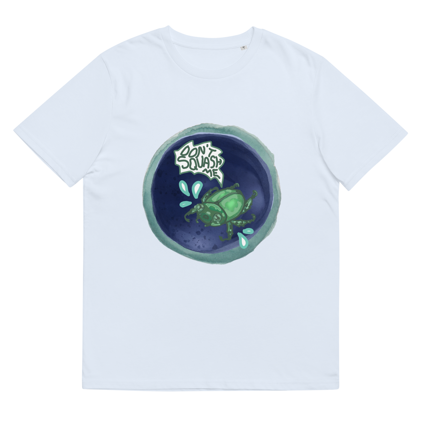 Close-up of the 'Don't Squash Me' design on a light Serene Blue tee, focusing on the eye-catching beetle motif, symbolizing a blend of soft elegance and eco-friendly advocacy.