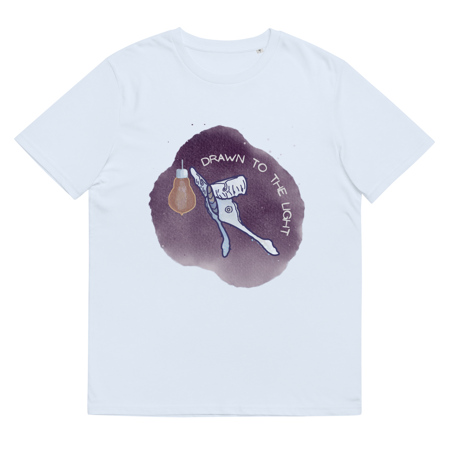 Lay-flat image of the 'Drawn to the Light' T-Shirt in a light, Serene Blue, featuring the delicate Luna Moth design, a symbol of the allure of discovery and the natural world.