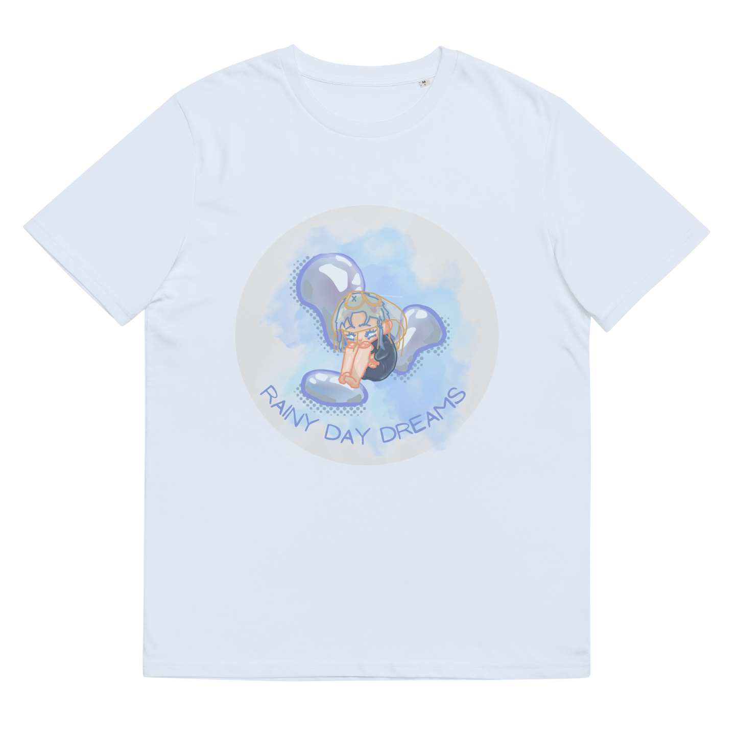 Close-up of the 'Rainy Day Dreams' T-Shirt in Serene Blue, laid flat to display the artful chibi figure amidst raindrops, symbolizing the blend of gentle sadness and the hope of dreamful solace.
