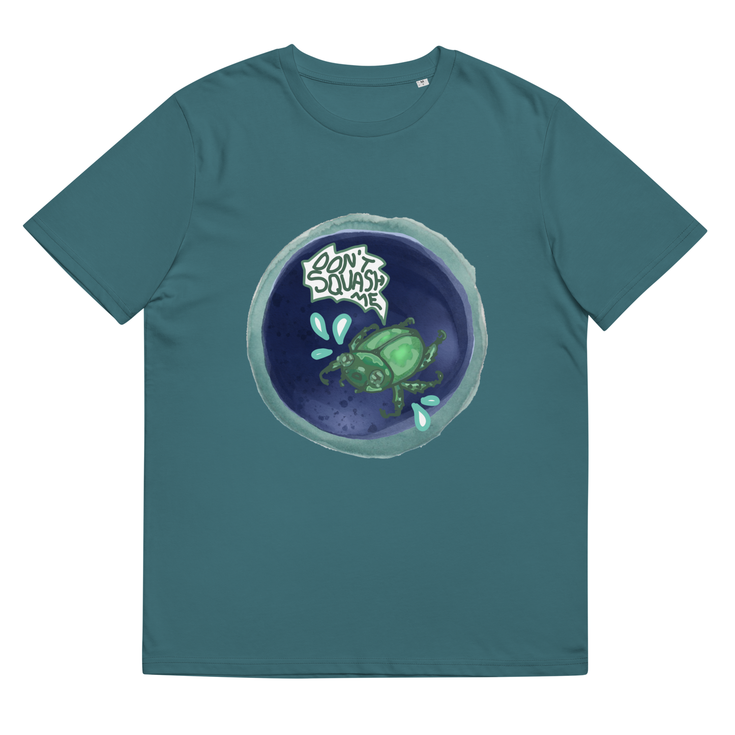 Close-up of the 'Don't Squash Me' organic cotton T-Shirt in Stargazer, laid flat to showcase the playful and meaningful beetle artwork, representing a commitment to sustainable and empathetic fashion.