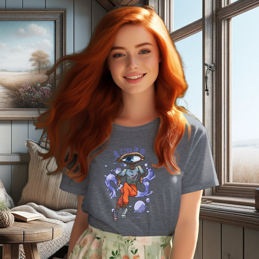 Model showcasing the 'All Eyes On You' T-Shirt in Dark Heather Blue, emphasizing the detailed watercolor eye design against the subtly textured fabric, perfect for a stylish, artistic look.