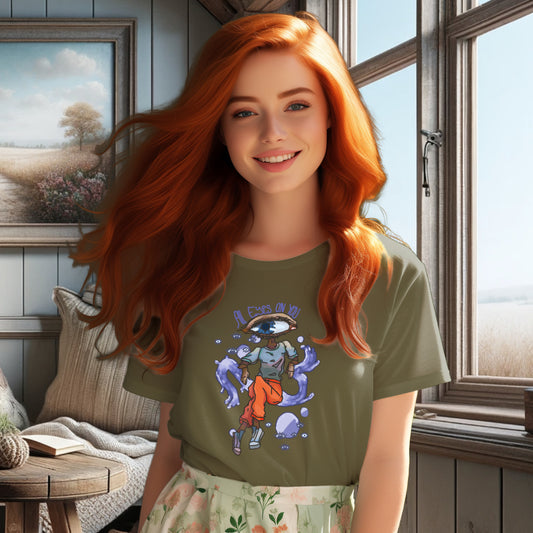 Unique 'All Eyes On You' organic cotton tee in Khaki, showcasing an original watercolor artwork of an eye-shaped head and floating elements, blending whimsical charm with eco-conscious fashion.