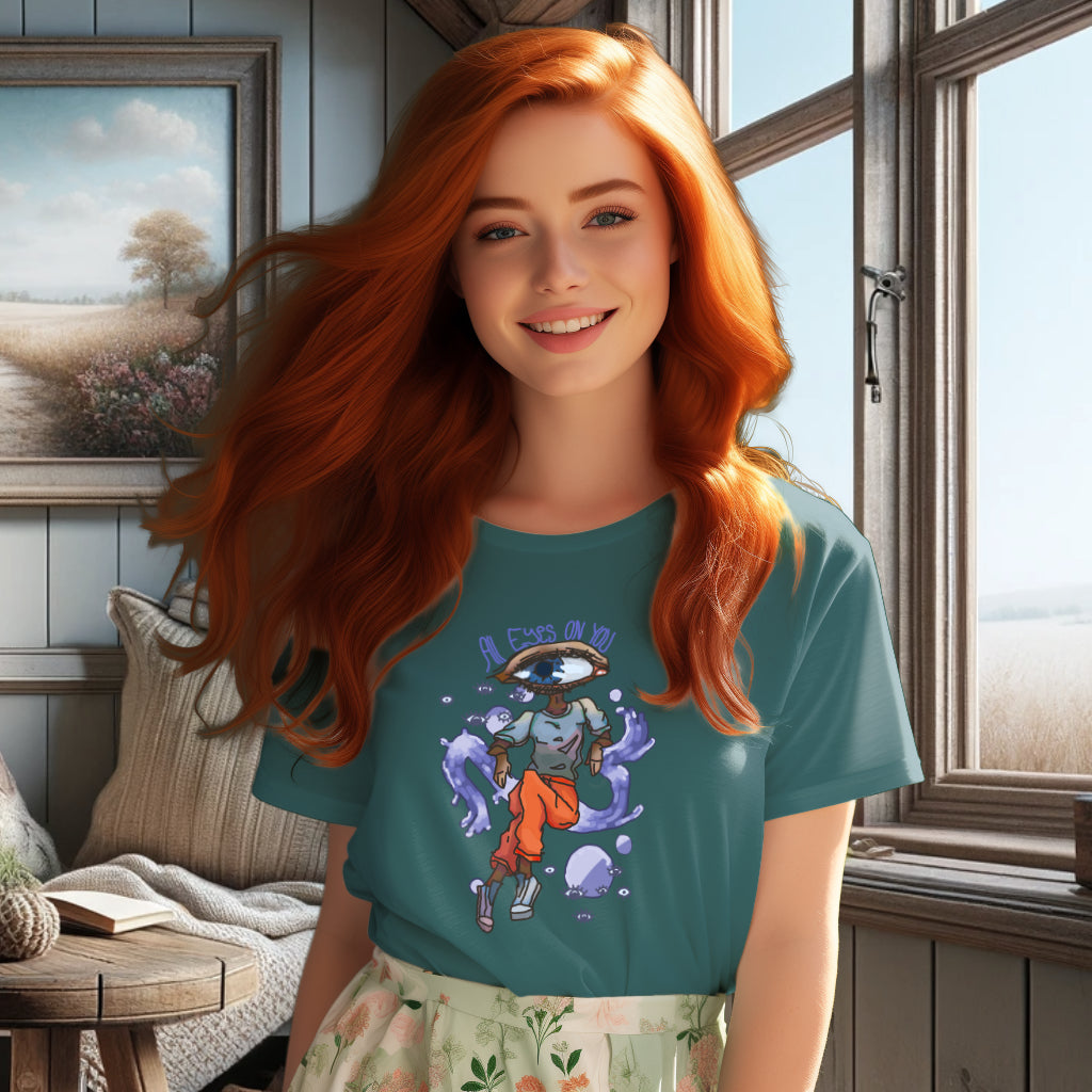 Stargazer-colored 'All Eyes On You' T-Shirt modeled to display the fusion of the whimsical eye design with the rich, dark aqua blue background, combining artistic flair with contemporary style.