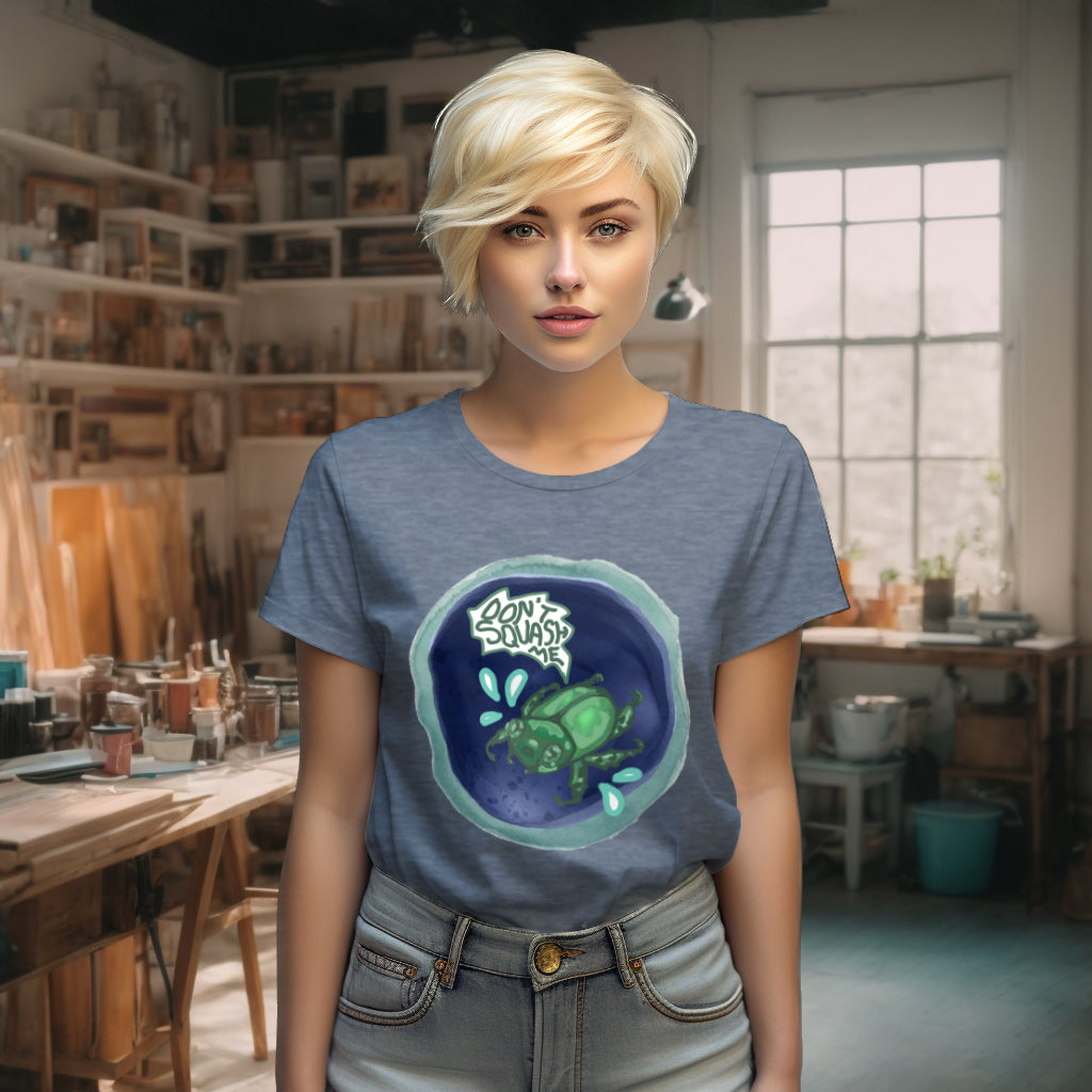 Featuring the playful yet meaningful beetle artwork, the 'Don't Squash Me' tee in Dark Heather Blue on a model exemplifies eco-friendly fashion with a creative twist.