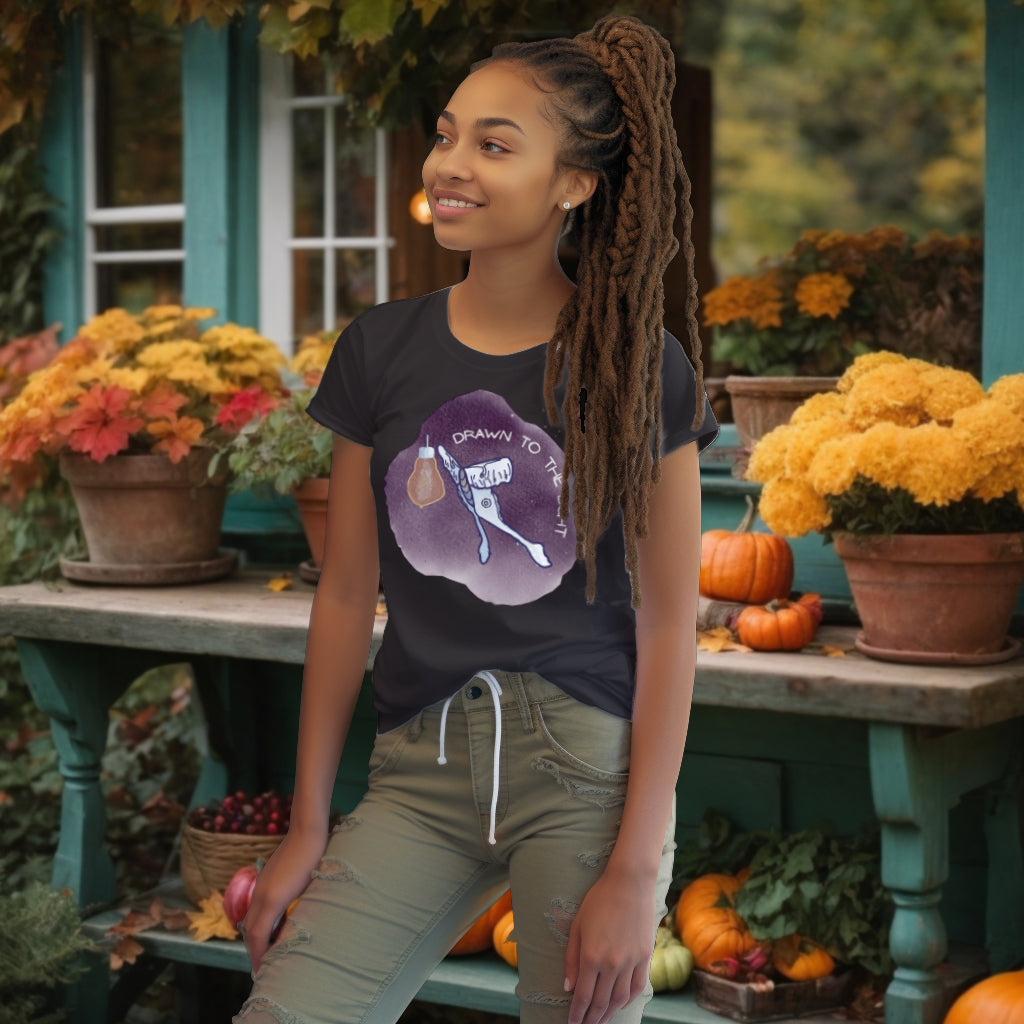 Model wearing the 'Drawn to the Light' T-Shirt in Anthracite, featuring a watercolor Luna Moth design with the inspirational phrase, perfect for those who value both style and substance.