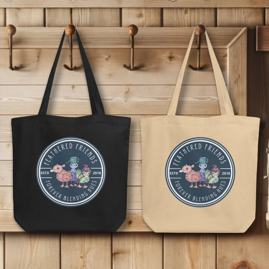 Group display of 'Feathered Friends' Totes in both black and oyster variants, showcasing the whimsical trio of ducklings in vibrant watercolors, symbolizing the beauty of blended hues and enduring friendships.