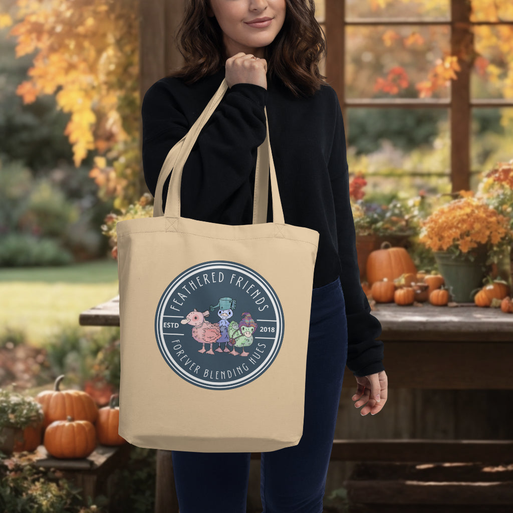 The 'Feathered Friends' Tote in oyster color carried by a model, highlighting the charming duckling design, perfect for eco-conscious individuals who cherish the bonds of friendship.