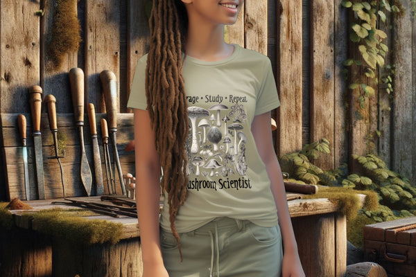 Model wearing the 'Forage, Study, Repeat' Tee Shirt in sage, showcasing an antique-style mushroom illustration, perfect for those who cherish the art of mycology and sustainable fashion.