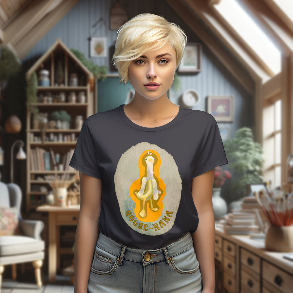 Model wearing the 'Goose-nana' T-Shirt in Anthracite, featuring the unique Goose-Nana design, a whimsical fusion of a goose and a banana, perfect for those who enjoy playful fashion.