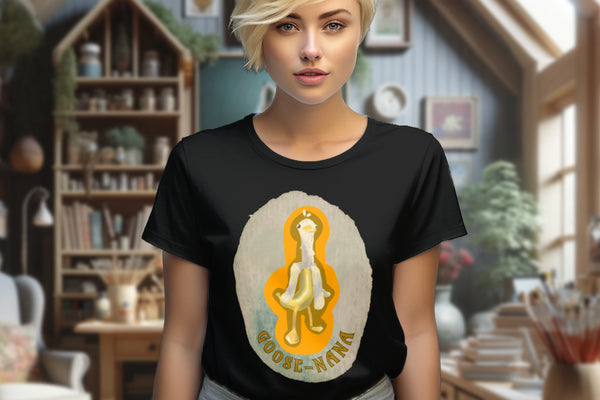 Model wearing the 'Goose-nana' T-Shirt in Black, featuring the imaginative and playful Goose-Nana watercolor design, a blend of goose and banana, ideal for adding slick humor to your style.