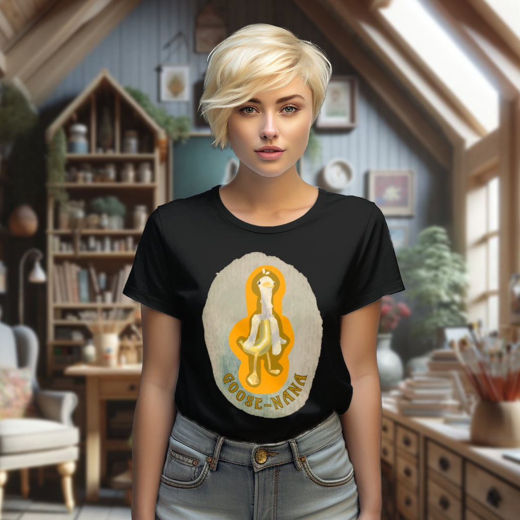 Model wearing the 'Goose-nana' T-Shirt in Black, featuring the imaginative and playful Goose-Nana watercolor design, a blend of goose and banana, ideal for adding slick humor to your style.