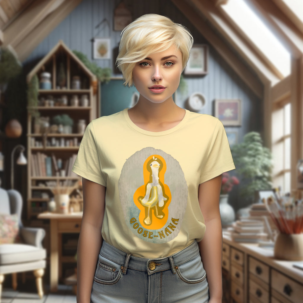 Model wearing the 'Goose-nana' T-Shirt in a gentle Butter color, highlighting the playful Goose-Nana design, a whimsical fusion of goose and banana, adding a touch of humor to sustainable fashion.