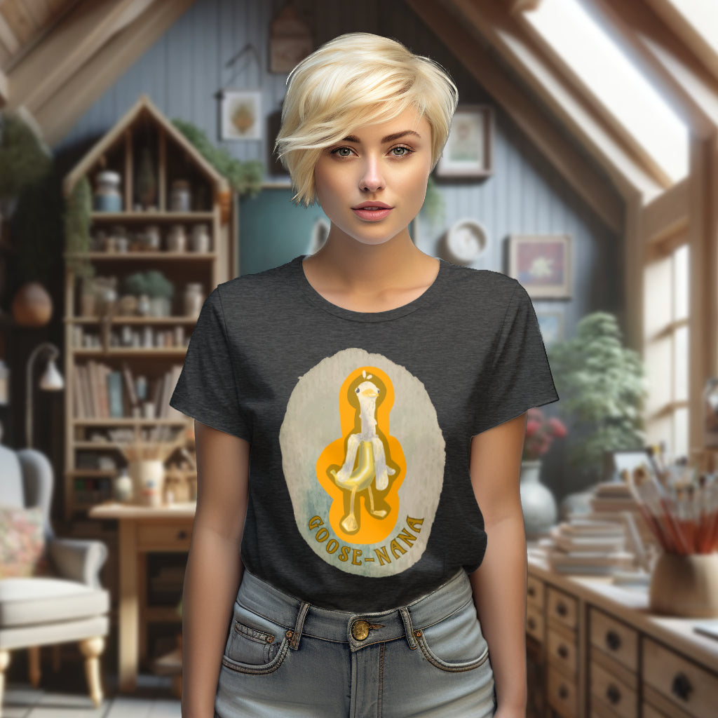 Model showcasing the 'Goose-nana' T-Shirt in Dark Heather Grey, highlighting the whimsical Goose-Nana design, a playful blend of goose and banana, adding a touch of humor to eco-friendly fashion.