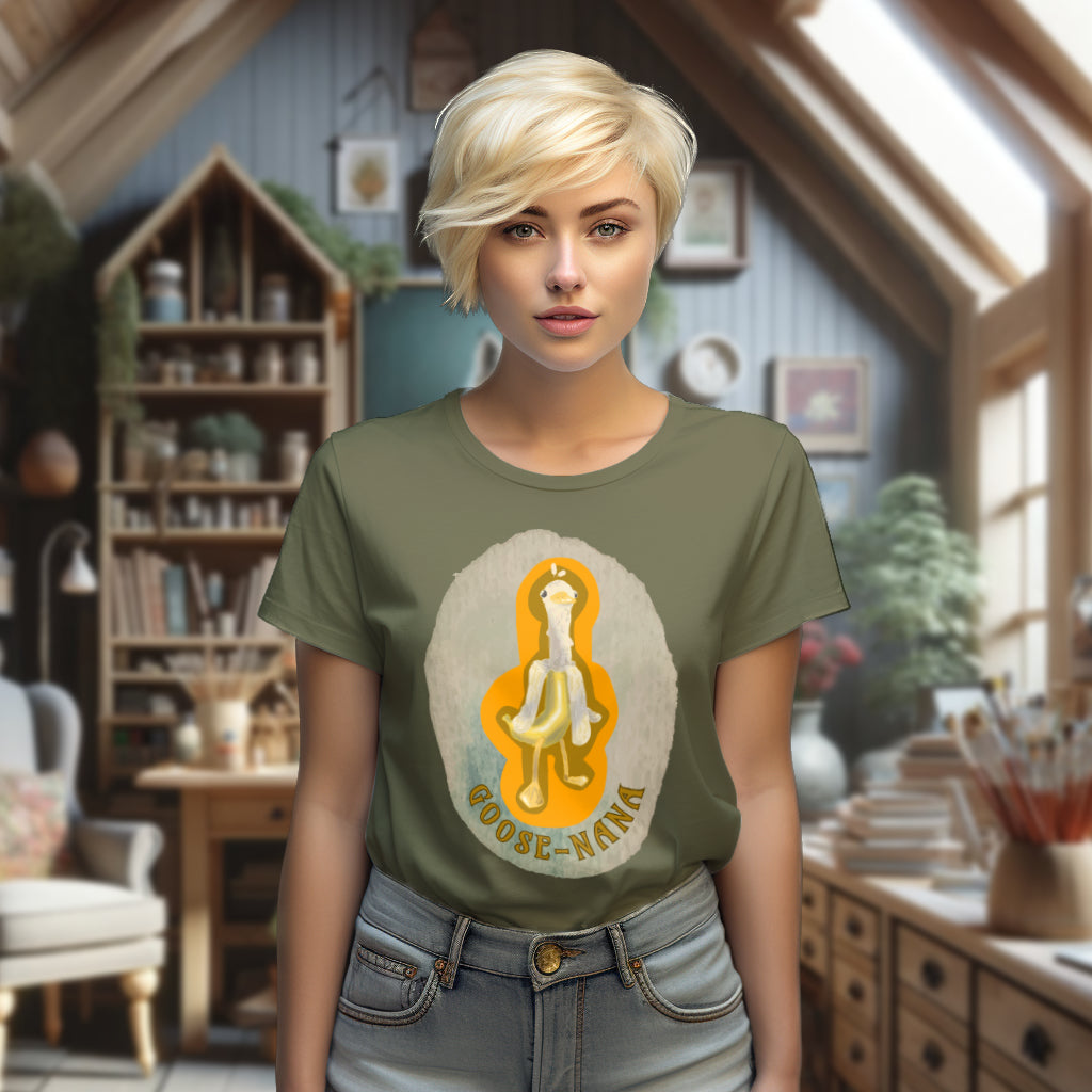 Model sporting the 'Goose-nana' T-Shirt in Khaki, featuring the whimsical Goose-Nana design, a playful blend of a goose and a banana, ideal for a lighthearted, eco-friendly fashion statement.