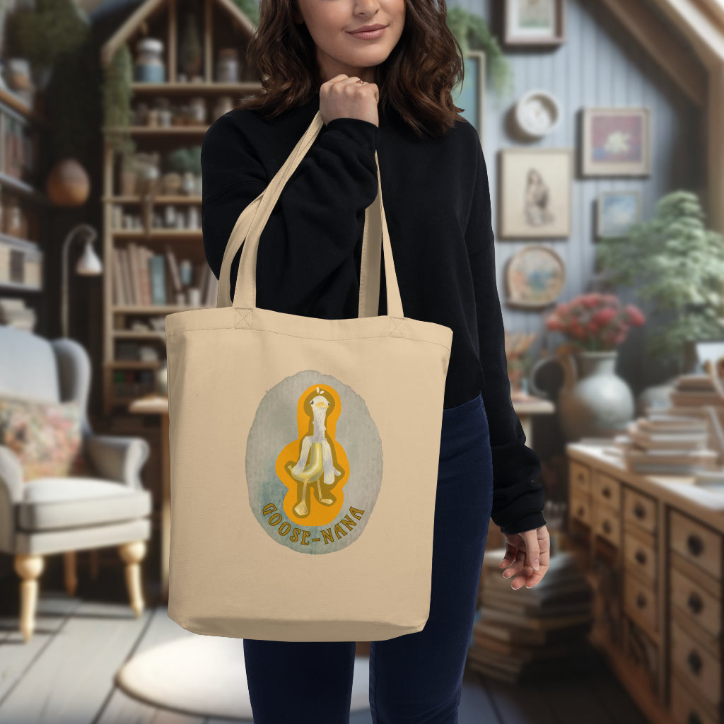 The 'Goose-nana' Tote in oyster color carried by a model, highlighting the vibrant and quirky Goose-Nana character, ideal for eco-conscious individuals who love to express their unique personality.