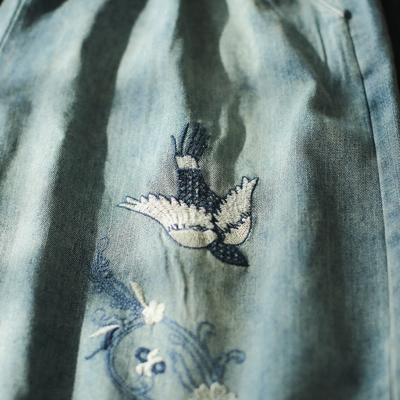 Embroidered Vintage Denim 3/4 Trousers