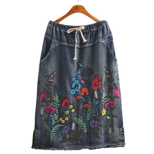 Embroidered Denim A-line Skirt
