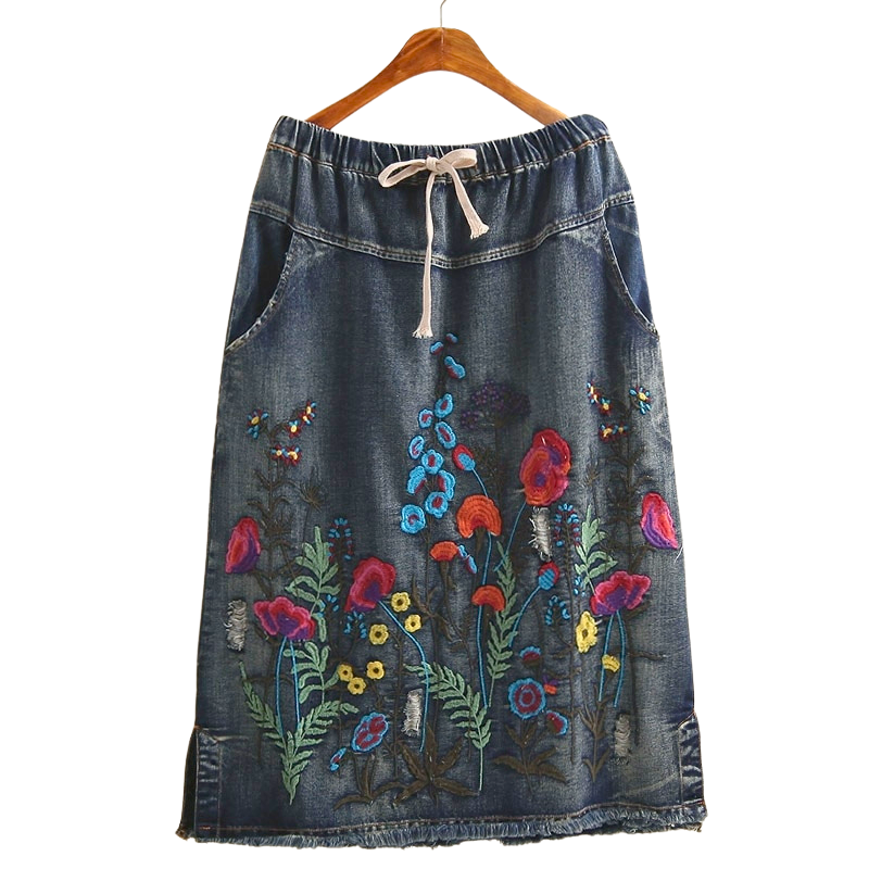 Embroidered Denim A-line Skirt